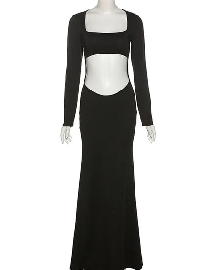 Autumn Solid Color Hollow Out  Elegant Midnight Night Hot Midi Dresses