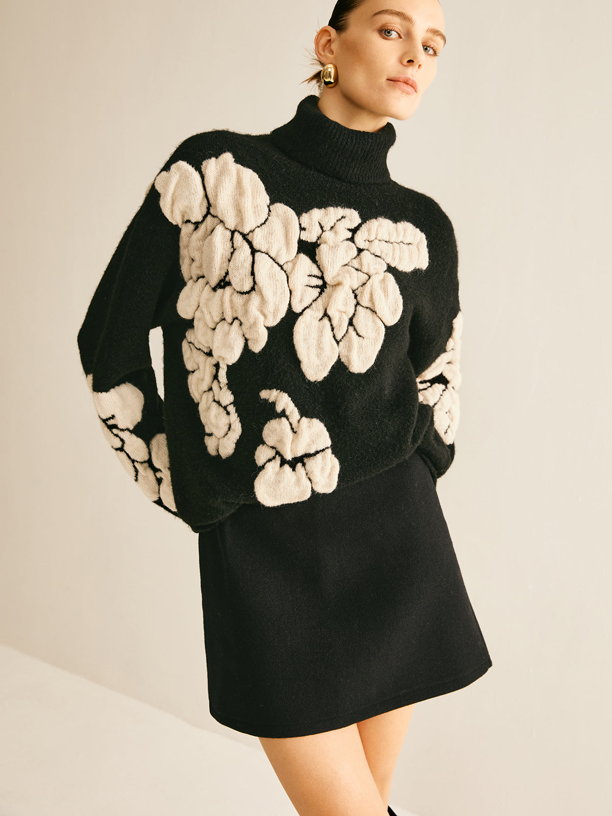 Jersey de cuello alto de jacquard en mezcla de lana
