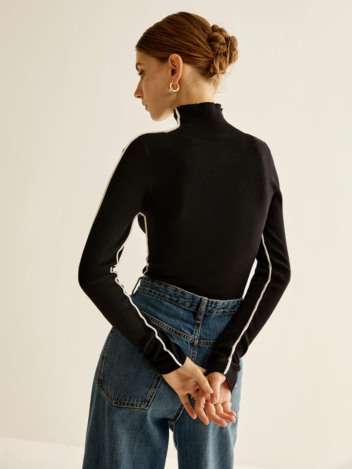 Top de punto de cuello alto mezcla de lana