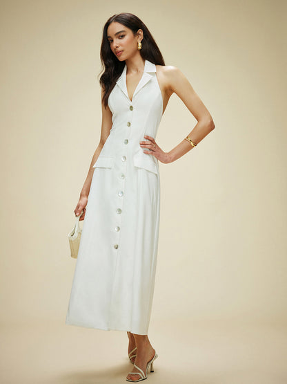 Vestido halter con bolsillos y lazo en la espalda de algodón y lino
