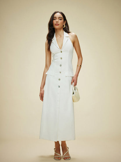 Vestido halter con bolsillos y lazo en la espalda de algodón y lino