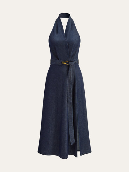 Vestido Midi Halter de Mezclilla con Cinturón