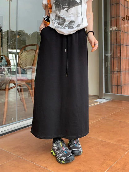 DressBetty - Solid Color Elastic Drawstring Straight Long Skirt