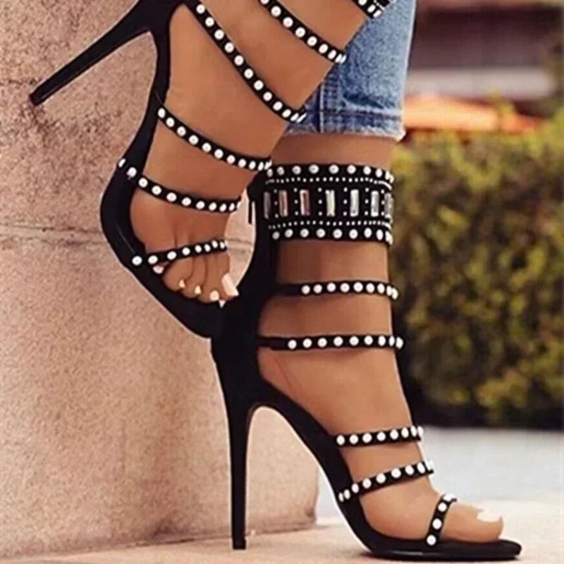 Sophisticated Black Beige Gladiator  Peep Toe Diamond Pearl Ankle Band High Heel