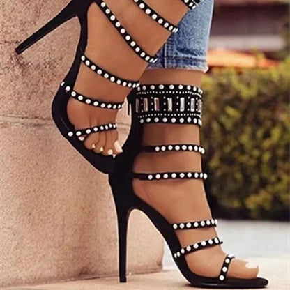 Sophisticated Black Beige Gladiator  Peep Toe Diamond Pearl Ankle Band High Heel