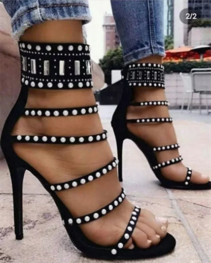 Sophisticated Black Beige Gladiator  Peep Toe Diamond Pearl Ankle Band High Heel