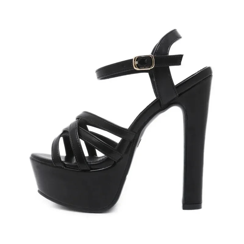 Black/Brown Waterproof  Peep Toe Narrow Band Cross Hollow Out High Heel