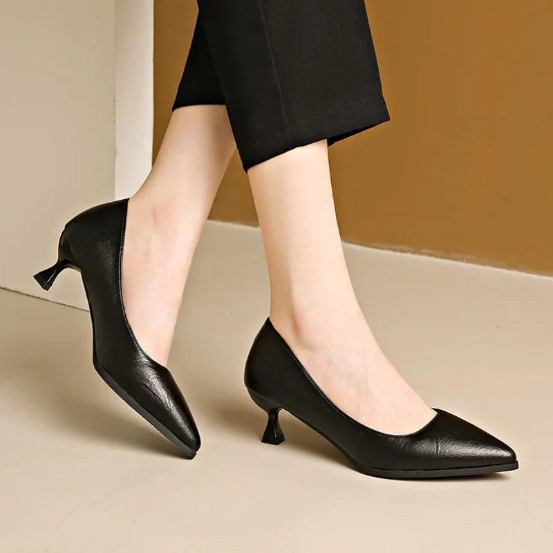 Black Highs Autumn Fashion Pointed  Stiletto Commuting Ladies Low Heel Pumps