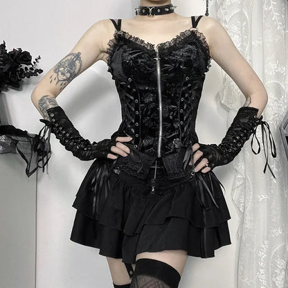 Black Lace Trim Cross Lace-up Mini Vintage  A-Line Layered Short Women Summer Autumn Skirt