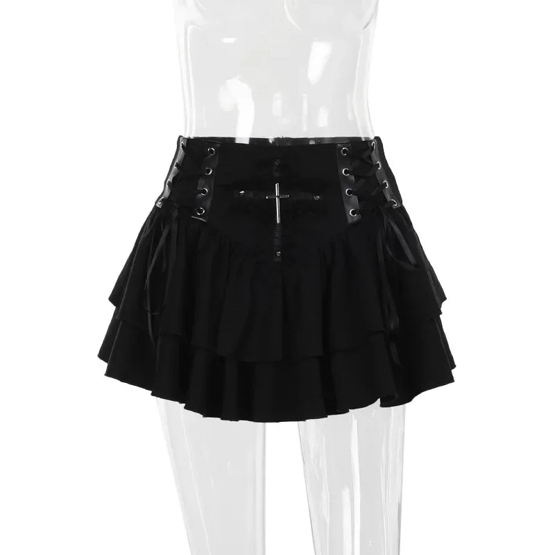 Black Lace Trim Cross Lace-up Mini Vintage  A-Line Layered Short Women Summer Autumn Skirt