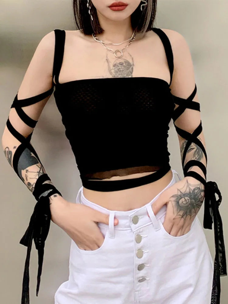 Mesh Lace Up Bandage Fairy Grunge Cyber Y2k Mall Goth  Crop Top
