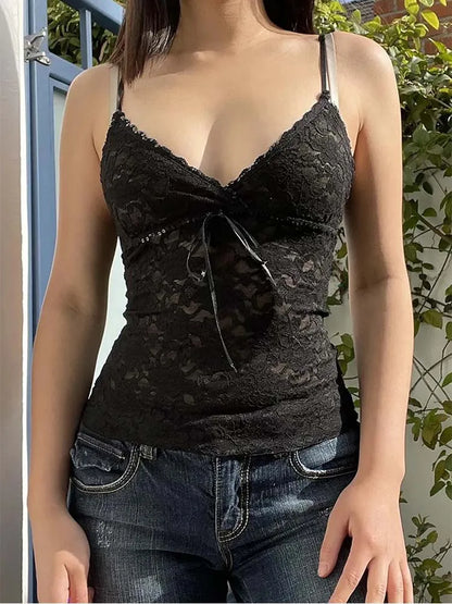 Black See Through Lace Sleeveless V Neck  Summer Y2K Aesthetic Gothic Crop Top