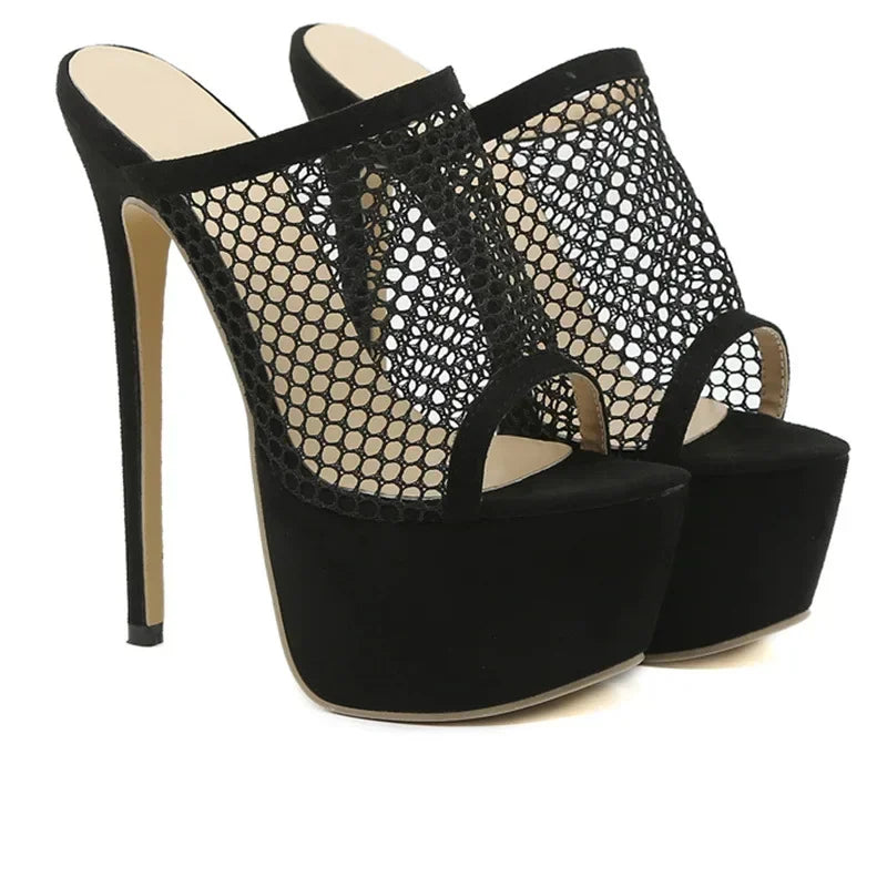 Eye-catching Black  Peep Toe Platform Mesh Hollow Out High Heel