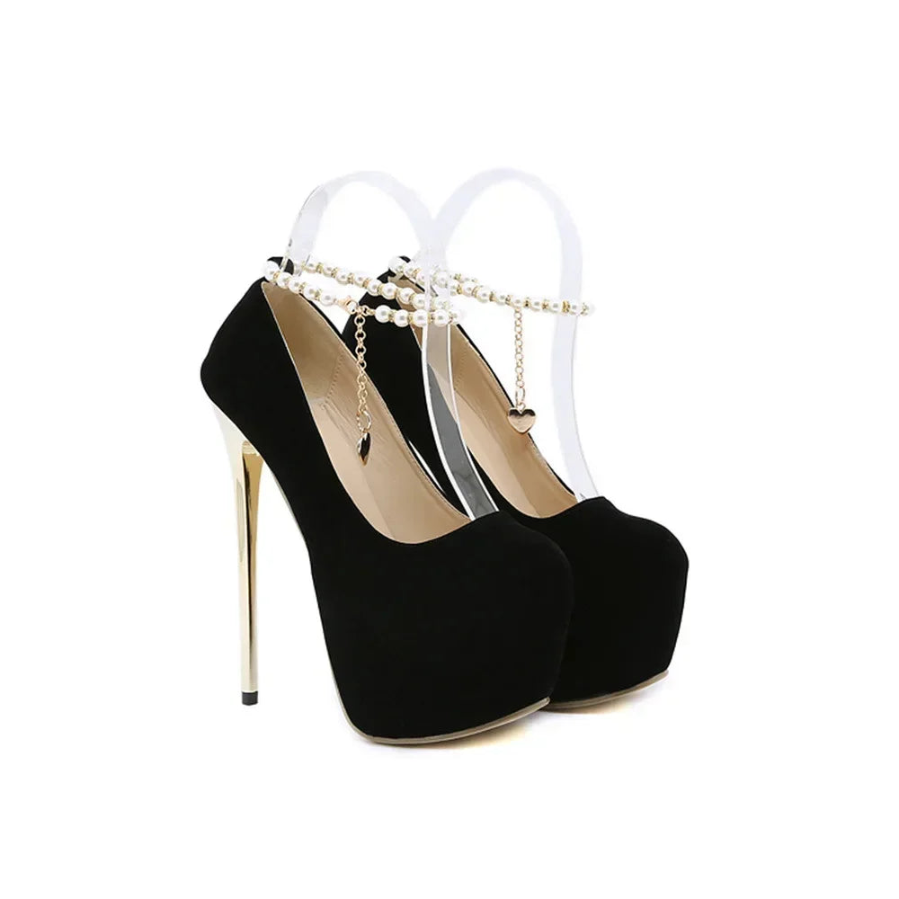 Black  solid round head wedding Thin high heel pearl chain High Heel