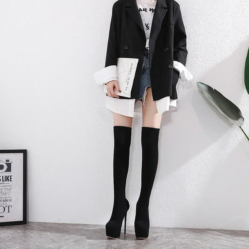 Sleek Black  Thigh High Long Socks Platform Slim Elastic High Heel