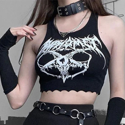 Black Knitted Grunge Punk Goth Goat Head Print Summer  Sleeveless O-neck Crop Top