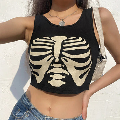 Black Knitted Grunge Punk Goth Goat Head Print Summer  Sleeveless O-neck Crop Top