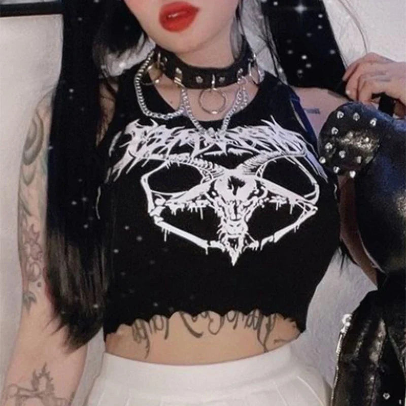 Black Knitted Grunge Punk Goth Goat Head Print Summer  Sleeveless O-neck Crop Top