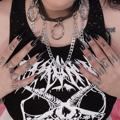 Black Knitted Grunge Punk Goth Goat Head Print Summer  Sleeveless O-neck Crop Top