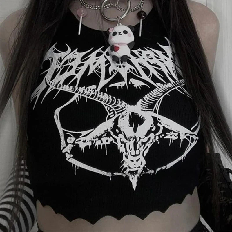 Black Knitted Grunge Punk Goth Goat Head Print Summer  Sleeveless O-neck Crop Top