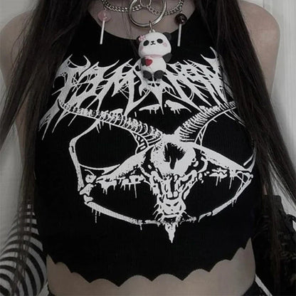 Black Knitted Grunge Punk Goth Goat Head Print Summer  Sleeveless O-neck Crop Top