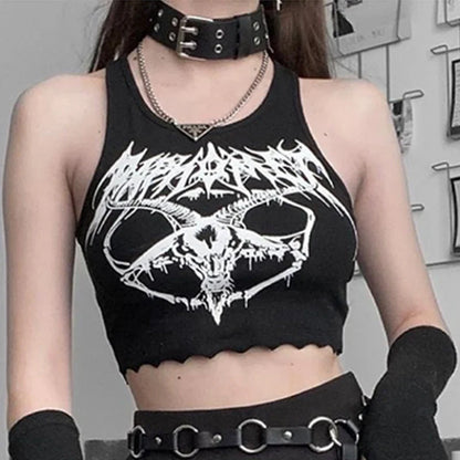 Black Knitted Grunge Punk Goth Goat Head Print Summer  Sleeveless O-neck Crop Top