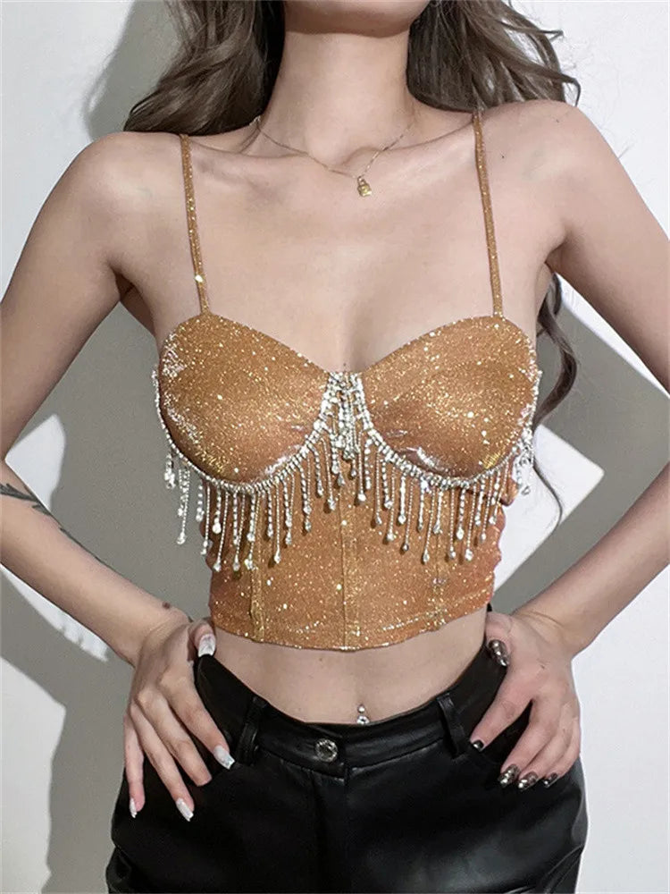 2024  Women Tube Rhinestones Tassels Sleeveless Suspender Strap Vest Push Up Diamonds Bustiers Corsets Crop Top