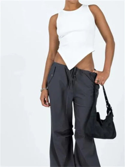 2024 Women  Solid Color Ribbed O-neck Slim Fit Sleeveless Irregular Hem Vest Club Streetwear Crop Top