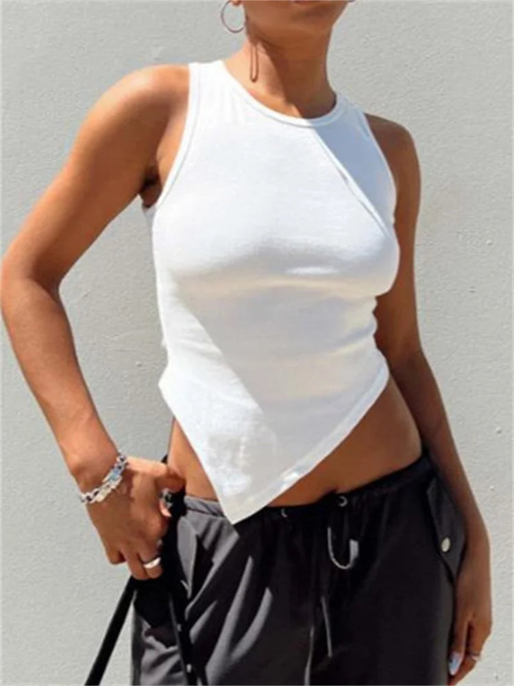 2024 Women  Solid Color Ribbed O-neck Slim Fit Sleeveless Irregular Hem Vest Club Streetwear Crop Top