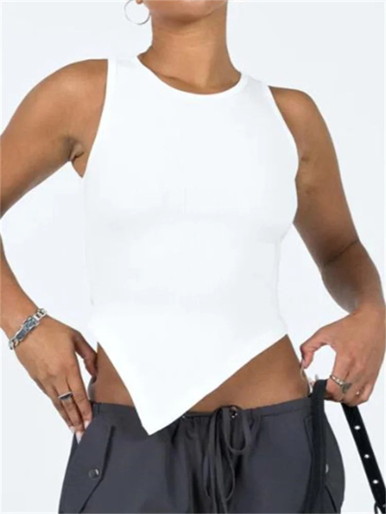 2024 Women  Solid Color Ribbed O-neck Slim Fit Sleeveless Irregular Hem Vest Club Streetwear Crop Top