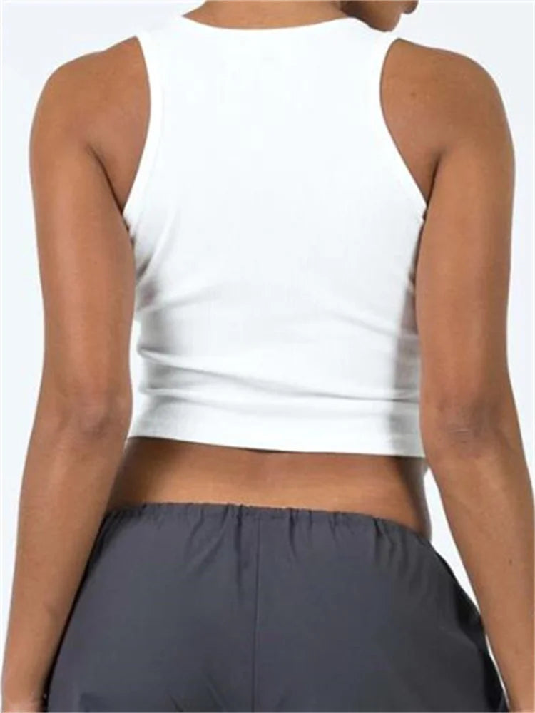 2024 Women  Solid Color Ribbed O-neck Slim Fit Sleeveless Irregular Hem Vest Club Streetwear Crop Top
