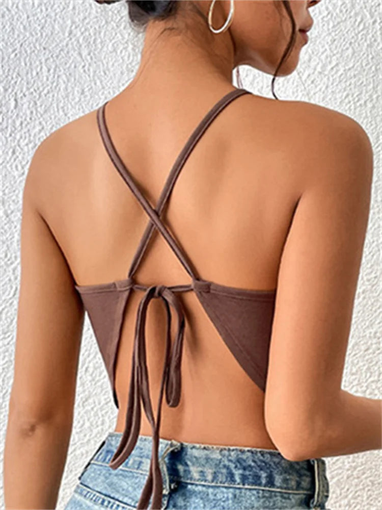 Backless Criss-cross Tie-up Summer Clubwear 2024  Off Shoulder Sleeveless Y2K Front Split Vests Crop Top