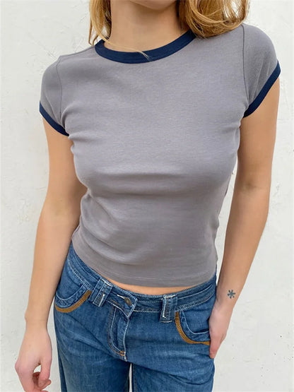Color Patchwork Summer Streetwear Oneck Basic T-shirts