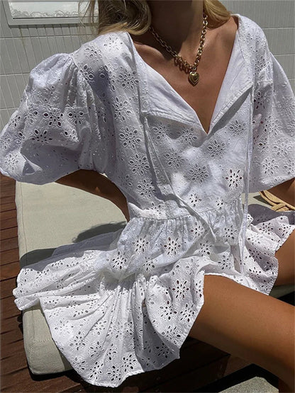 Elegant Lace Floral V-neck Mini Dresses