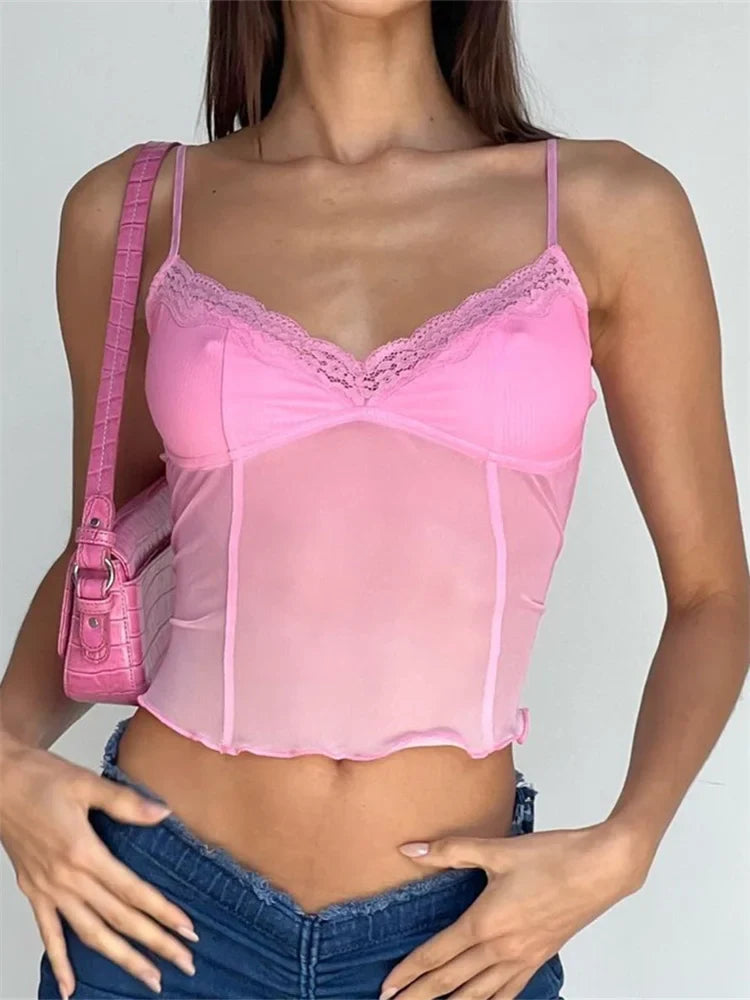 Fairy  Women Sleeveless V-neck See-through Y2K Slim Mini Chic Aesthetics Crosets 2024 Crop Top