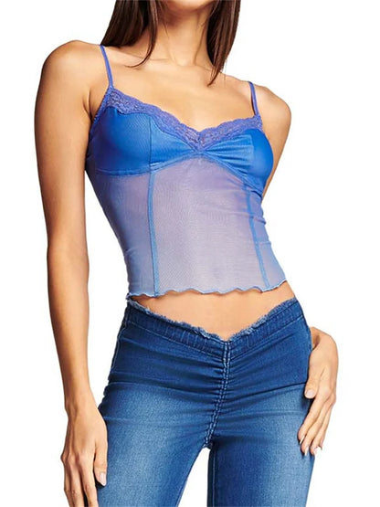 Fairy  Women Sleeveless V-neck See-through Y2K Slim Mini Chic Aesthetics Crosets 2024 Crop Top