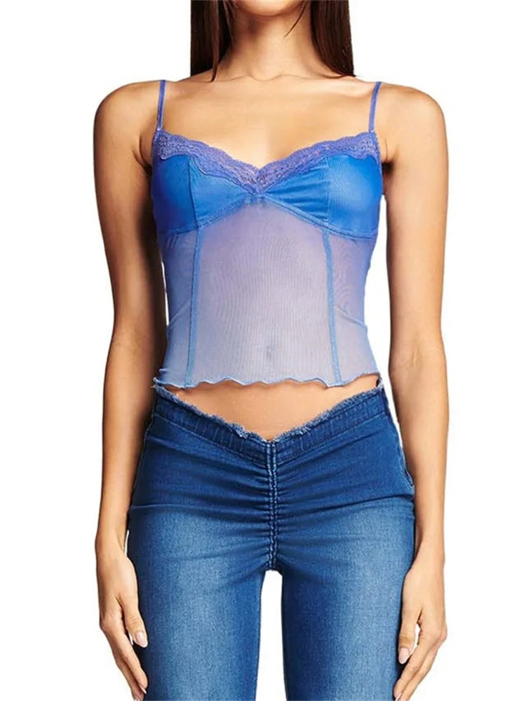 Fairy  Women Sleeveless V-neck See-through Y2K Slim Mini Chic Aesthetics Crosets 2024 Crop Top