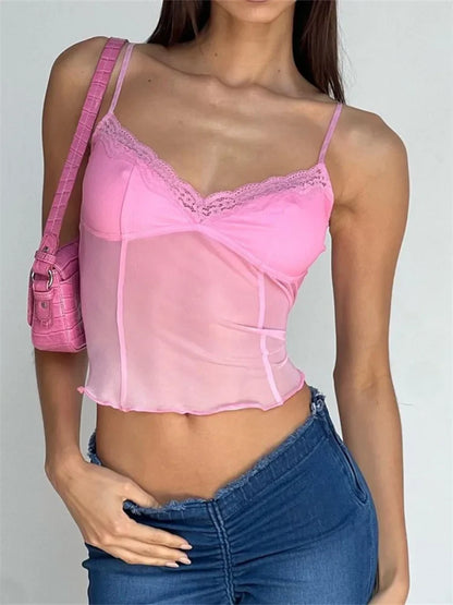Fairy  Women Sleeveless V-neck See-through Y2K Slim Mini Chic Aesthetics Crosets 2024 Crop Top