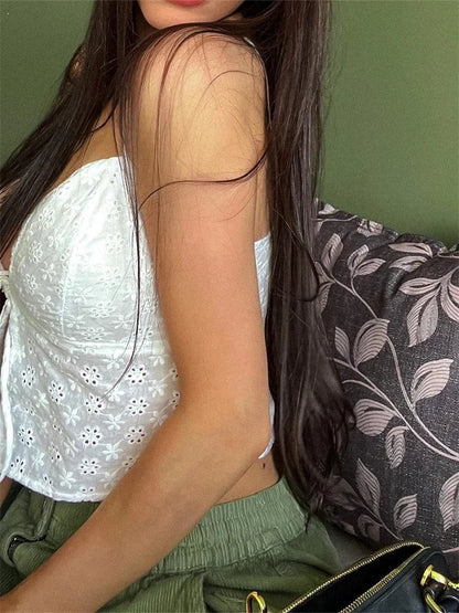 Floral White Fairy 00s Retro Strap V-neck Y2K Aesthetics  Tie-up Mini Vest Summer Boho Beach Tank Crop Top