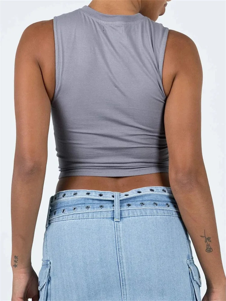 Front Irregular Zipper Summer Streetwear 2024  Sleeveless Slim Fit Solid Basic Mini Vest New Crop Top