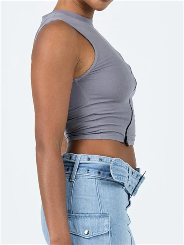 Front Irregular Zipper Summer Streetwear 2024  Sleeveless Slim Fit Solid Basic Mini Vest New Crop Top