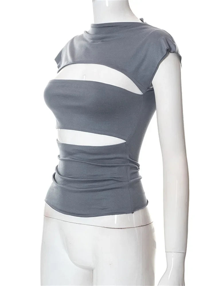 Hollow Out O Neck 2024 Slim Fit Basic  Y2K T-shirts