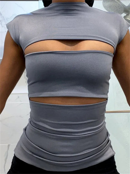 Hollow Out O Neck 2024 Slim Fit Basic  Y2K T-shirts