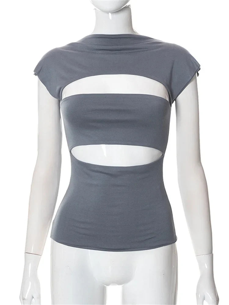 Hollow Out O Neck 2024 Slim Fit Basic  Y2K T-shirts