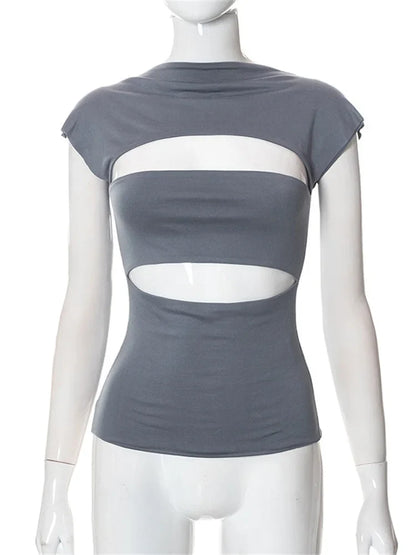 Hollow Out O Neck 2024 Slim Fit Basic  Y2K T-shirts