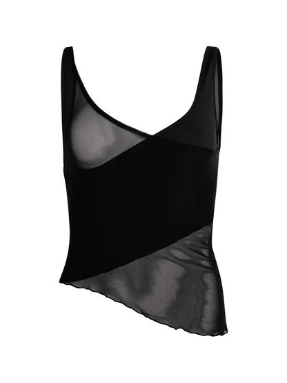 Mesh Sheer See Through Patchwork Exposed Navel Summer Streetwear  Women Irregular Hem Black Mini Vests Crop Top