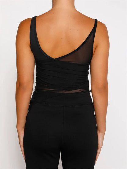 Mesh Sheer See Through Patchwork Exposed Navel Summer Streetwear  Women Irregular Hem Black Mini Vests Crop Top