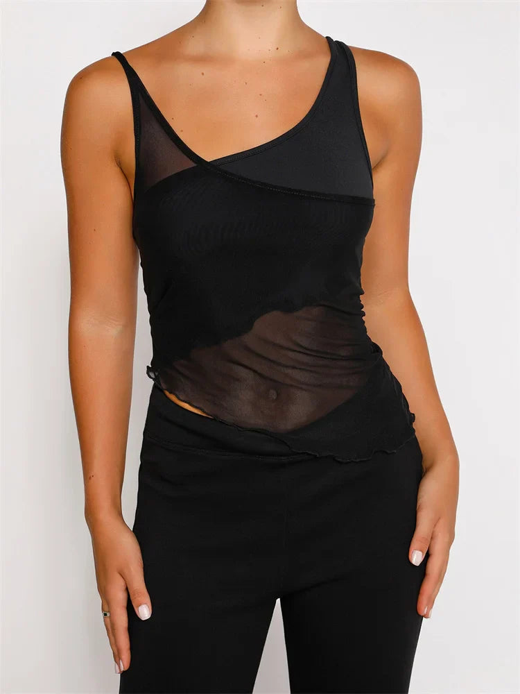 Mesh Sheer See Through Patchwork Exposed Navel Summer Streetwear  Women Irregular Hem Black Mini Vests Crop Top