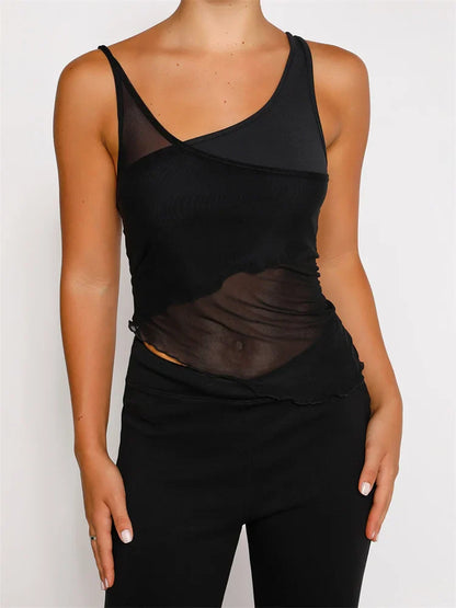 Mesh Sheer See Through Patchwork Exposed Navel Summer Streetwear  Women Irregular Hem Black Mini Vests Crop Top