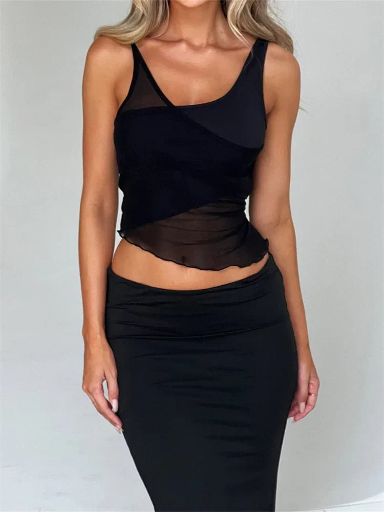 Mesh Sheer See Through Patchwork Exposed Navel Summer Streetwear  Women Irregular Hem Black Mini Vests Crop Top